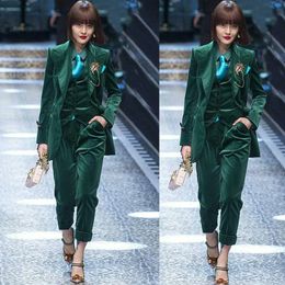 Dark Green Velvet Mother Of The Bride Pant Suits Women Business Work Uniform Formal Outfit For Weddings Tuxedos Blazer (Jacket+Vest+Pants)