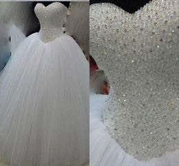 White Tulle Ball Gown Wedding Dresses Plus Size Crystal Beads Sequin Strapless Lace-up Draped Bridal Gowns Custom Made Wedding Dress Guest