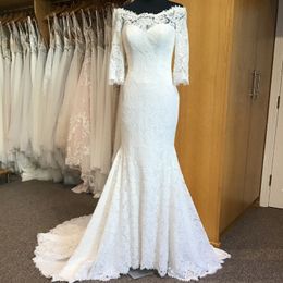 Design Lace Wedding Dress 2020 Fit and Flare vestidos de novia 3/4 Long Sleeves off-the-shoulder sheer lace front and back neckline