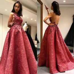 New Prom Dresses Jewel Neck Lace Applique Formal Party Dress Sweep Train Backless Pageant Formal Evening Gowns