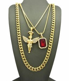 NEW ICED OUT ANGEL, RED RUBY, PENDANT W/ BOX & CUBAN CHAIN NECKLACE 3PCS Jewelry SET Rapper Accessories