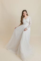 2020 Simple A-line Modest Wedding Dresses Long Illusion Sleeves V Neck Embroidery Lace Top Tulle Skirt Informal LDS Outdoor Bridal Gowns