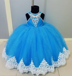 Cute Silver Diamand Flower Gilr Dresses For Wedding 2020 Lace Applique High Collar Ball Gown Birthday Dress For Girls Party Graduation Gowns