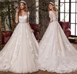 Größe Vintage Plus Spitzenkleider Strand V-Ausschnitt 1/2 Ärmel Applikationen Hochzeitskleid rückenfreie Brautkleider Robe De Mariee Vestidos estidos