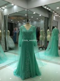 2019 Real Photos Green Long Prom Dress New Design Sexy With Long Sleeves Applique Lace Tulle Party Gown Custom Made Plus Size