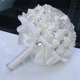 18CM Luxury Ivory Silk Rose Wedding Flowers Crystal Brooch Bridal Holding Flowers Tassel Full Diamond Stitch Wedding Bouquets244J