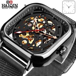 HAIQIN Fashion Sport Mens Watches top brand luxury Square Mechanical watch men wirstwatch Hollow skeleton erkek kol saati 2020