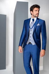 High Quality One Button Blue Wedding Men Suits Peak Lapel Three Pieces Business Groom Tuxedos (Jacket+Pants+Vest+Tie) W1086