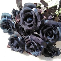 Artificial Silk Black Rose Bouquet Real Feel Artificial Flower Halloween Black Single Branch Home Wedding Party Decoration