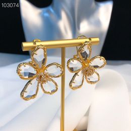 Copper Gold Full Crystal Five Leaf Clover Flower Shinning Big Stud Earrings For Women Jewellery