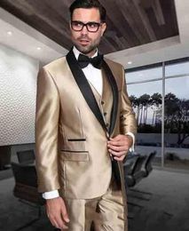 Gold Satin Groom Tuxedos Black Shawl Lapel Groomsmen Wedding Dress Man Jacket Blazer Prom/Dinner 3 Piece Suit(Jacket+Pants+Vest+Tie) 1486