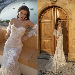 Rokman Mermaid Lian Wedding Dresses with Detachable Long Sleeve Appliqued Lace Bridal Gowns Sweep Train Modest Robe De Marie