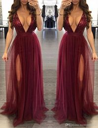 New Designer Sexy Burgundy Sequined Prom Dress Deep V Neck Special Occasion Dresses Tulle Tiered Ruffles Cocktail For vestido de novia