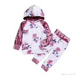 Garoto garotas roupas cor-de-rosa flor de veludo com capuz tops calças 2 peças conjunto vestuário de bebê crianças roupas casual roupa formal boutique