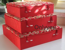 Square Luxury Soft Chinese Large Wood Jewelry Box Red Plate Dish Storage Box Wedding Birthday Gift Silk Fabric Collection Box Decoration