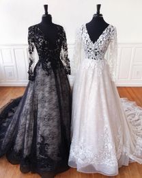 Black Wedding Dress 2020 Ballgown Long Sleeves vestidos de novia Chapel Train robe de mariage Plunging Neck V Back Real Photos Lace