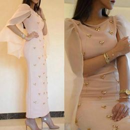 Trendy Sheath Beads Pink Evening Dresses With Cape Satin Crew Neck Arabic Formal Long Party Prom Dresses Pageant Gowns Robe De Soiree