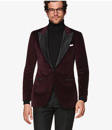 Brand New Burgundy Velvet Groom Tuxedos Black Peak Lapel Groomsman Wedding 2 Piece Suit Fashion Men Prom Jacket Blazer(Jacket+Pants+Tie)96