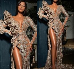 Sexy See Through Prom Dresses With Long Sleeves Ruffles Lace Appliques High Side Split Evening Dress Mermaid Sequined Party Gowns Vestidos