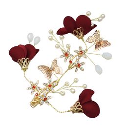 US Warehouse Wedding Red Flower Gold Butterfly Hairbands Wedding Tiara Pearl Headbands Bridal Hair Jewellery Accessories