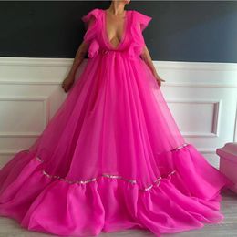 Deep V Neck Fuchsia Prom Dresses Sexy Cap Sleeves Tulle Simple Party Gowns Gong Girls Wear Evening Dress Cheap Vestidos