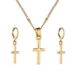 Trendy Gold Color Cross Pendant Necklace Earrings Set Simple Women Men Jewelry Crucifix Christian Jewelry Sets