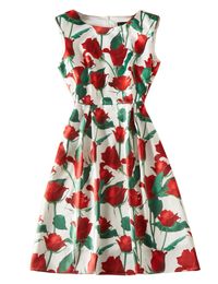 Rose Print Women A-Line Dress Sleeveless Casual Dreses 06K1925