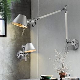 American Industrial Wall Light Black Silver E27 Rotatable Long Arm Wall Lamp with Switch for Bedside Study Office Living Room
