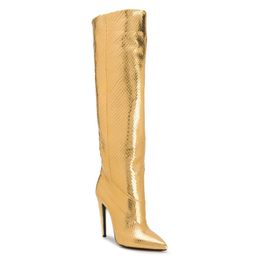 Vendita calda scarpe firmate 2019 nuovi stivali moda solidi tacco sottile punta a punta tacchi alti dorati slip invernali su stivali alti alla coscia scarpe da donna botas