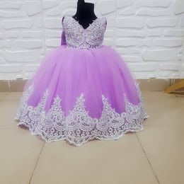 Lilac Lace Flower Girl Dresses Cheap Ball Gown Tulle Little Girl Wedding Dresses Vintage Communion Pageant Dresses Gowns F152