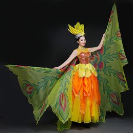 Chinese New Opening Dance female Dress design Costume stage group performance costume with headwear and wing unique clothing garment