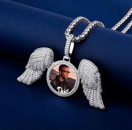 14K Customized Photo Round Medallions Wings Pendant Necklace 3mm Tennis Chain Silver Gold Color Zircon Men Hiphop Jewelry