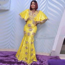 African Yellow Mermaid Evening Dresses Aso Ebi V Neck Appliques Lace Plus Size Prom Dress Dubai Women Dress robe de soiree