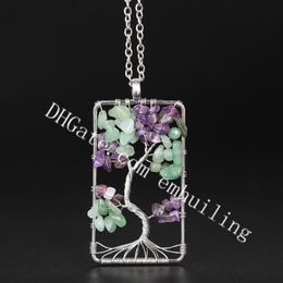 10Pcs Irish Celtic Rectangle Framed Tree of Life Amethyst Green Aventurine Stone Pendant Necklace for Women Men Wire Wrapped Healing Crystal