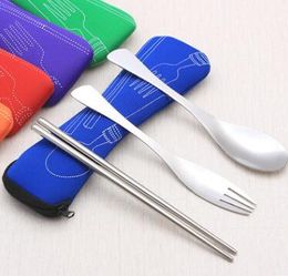 hot sale Dinnerware Set Stainless Steel Fork Cutlery Reusable Outdoor Camping Portable Bag Picnic Tableware