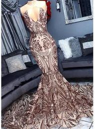 Rose Gold Halter Sequins Mermaid Long Prom Dresses Illusion Ruched Floor Length Formal Party Wear Gowns BC