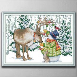 Elk and snowman decor paintings ,Handmade Cross Stitch Craft Tools Embroidery Needlework sets counted print on canvas DMC 14CT /11CT