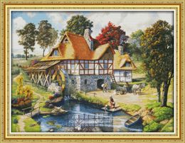 Mill scenery cabin countryside home decor painting ,Handmade Cross Stitch Embroidery Needlework sets counted print on canvas DMC 14CT /11CT