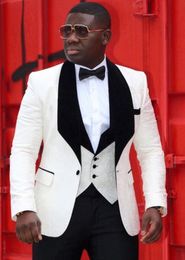 White Jacquard Groom Tuxedos Black Velvet Lapel Groomsmen Wedding Dress Excellent Man Jacket Blazer 3 Piece Suit(Jacket+Pants+Vest+Tie)16