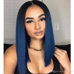 Fashion 18inch Dark Root Ombre Blue Wig Middle Part Short Bob Straight Lace Front Wigs Synthetic High Temperature African American Women Wig