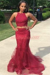 Charming Two Pieces Lace African Prom Dresses Beads Mermaid Plus Size Robe De Soiree Evening Gowns Special Occasion Juniors Pageant