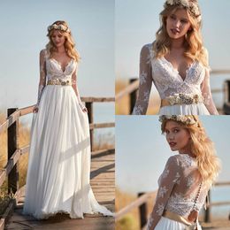 Vintage Chiffon Beach Wedding Dresses Long Sleeves 2020 V Neck Long Sleeves Bridal Gowns A Line Wedding Party Dress