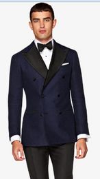 Navy Blue Men Wedding Tuxedos Double-Breasted Groom Tuxedos Popular Men Blazer 2 Piece Suit Prom/Dinner Jacket (Jacket+Pants+Tie) 2622