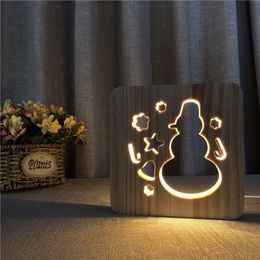 Christmas Snowman Small Night Light Solid Wood Carving Wooden Desk Lamp Bedside Light Romantic Christmas Gift