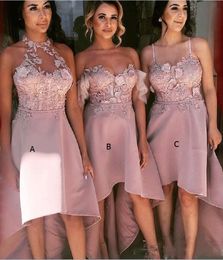 three style high low bridesmaid dresses for wedding lace appliques and satin maid of honor gowns halter spaghetti bridesmaid dress