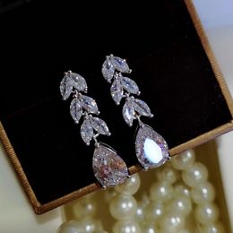 Fashion Female Crystal Leaf Drop Earrings 925 Sterling Silver White Diamond Earrings Boho Wedding Jewellery Long Dangle Earrings279I
