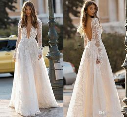 Sexy Bohemian A Line Wedding Dresses Deep V Neck Lace Applique Long Sleeves Pleats Beach Wedding Dress Bridal Gowns Vestidos De Noiva Boho