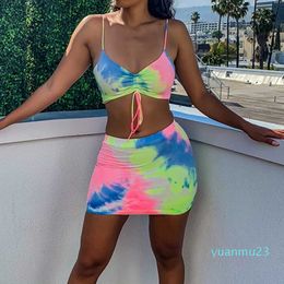 Wholesale-Women Tie-dye Camisole Set Strappy Tube Top Skirt Suit 2 Piece Yoga Set High Waisted Summer Clothing Wild Skirt 2020 new mujer