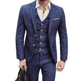 New Arrival Groomsmen Peaked Lapel Groom Tuxedos Blue Pinstripe Mens Pants Suits Wedding/Prom/Dinner Best Man Blazer