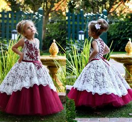 Princess First Holy Communion Dresses White Lace Embroidered Burgundy Tulle Round Neck Lace up Birthday Dress For Kids Flower Girl Dress